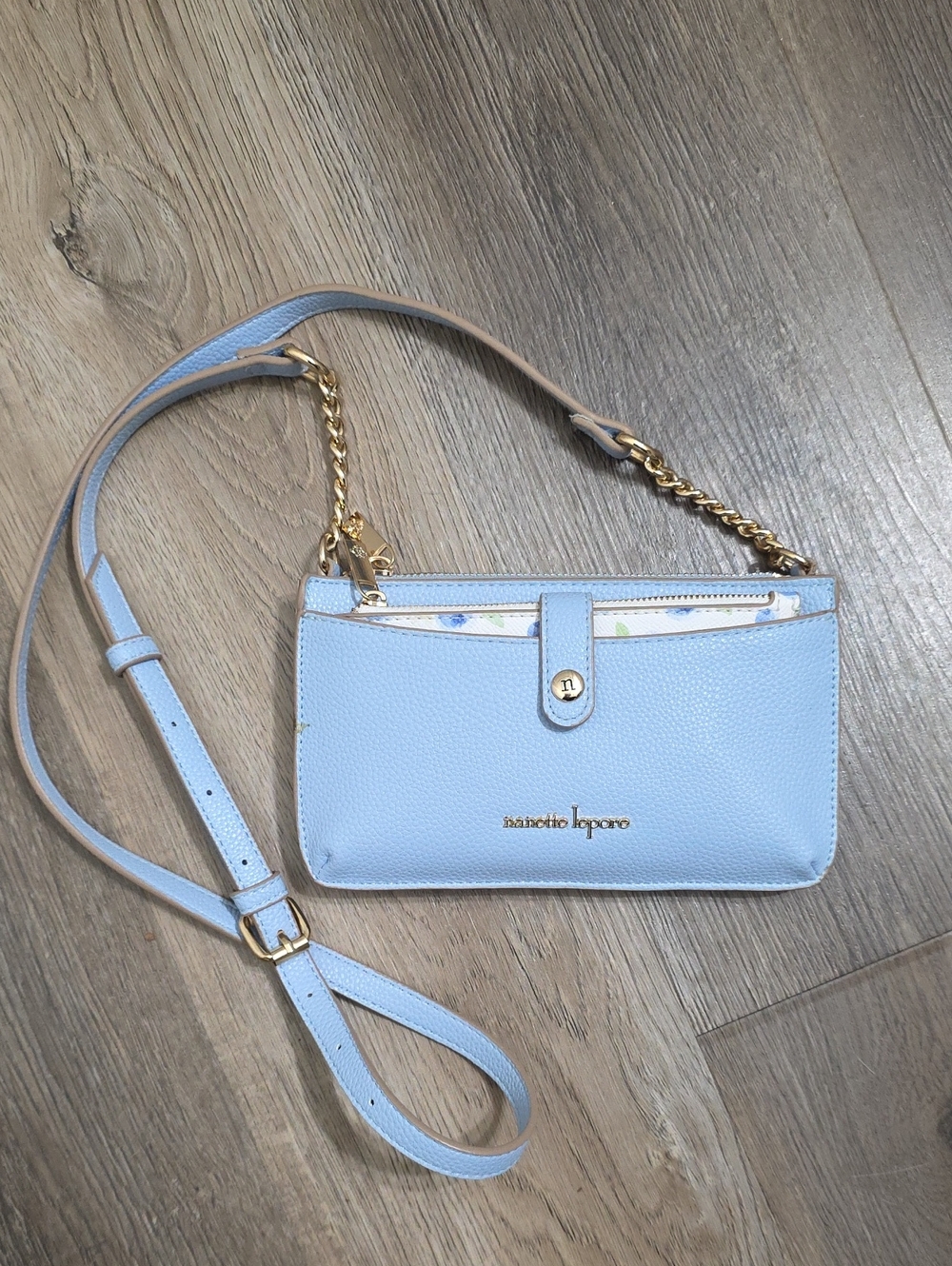 Nanette Lepore Pastel Blue Blueberry Crossbody Wallet with Gold Chain, LIKE NEW!